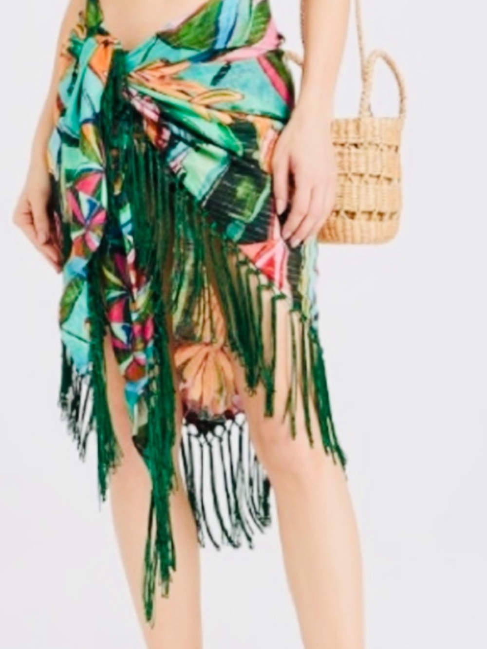 Farm Rio Fringed Tropical Print Sarong Wrap - Green Multi - 🆕
